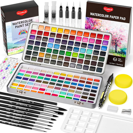 Watercolor Paint Set 168 Colors Including Metallic, Watercolor Kit with Case, Watercolor Paper, Paint Brushes, Palette and Accessories, Water Color Art Supplies Gift for Adults Kids Artists