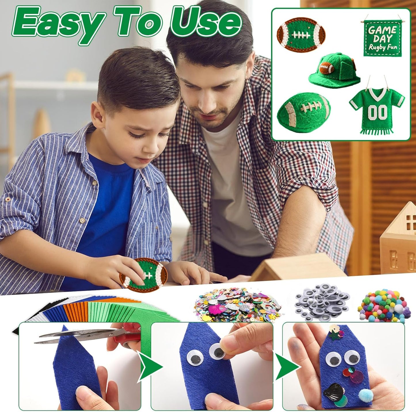 gisgfim 42Pcs Football Felt Fabric Sheets Craft Kit 8 x 12 Inch Green Brown Assorted Colors Thick Felt Pack with Wiggle Google Eyes Pompoms Glitter Patchwork Craft for DIY Sewing Art Project Decor