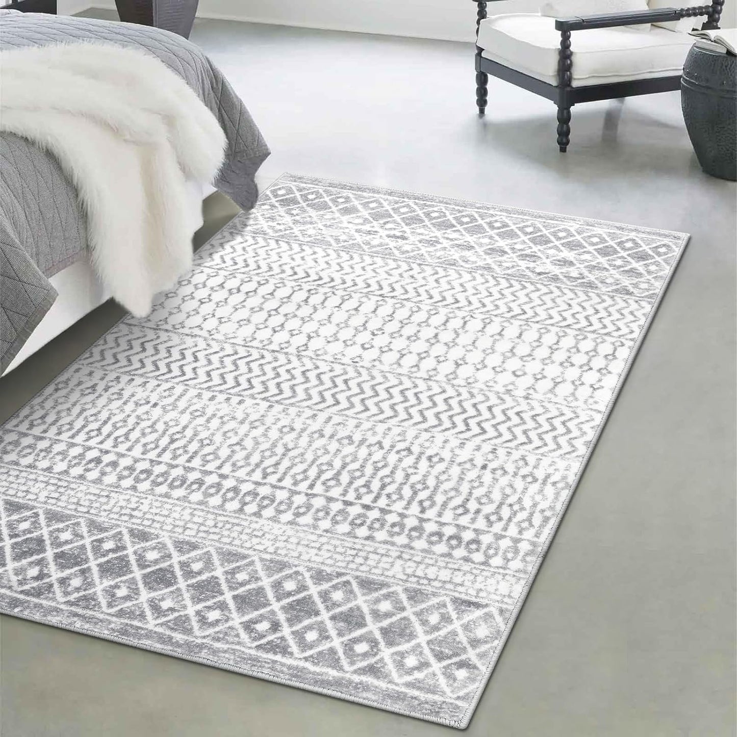 Moroccan Grey 4x6 Rug, Washable Boho Distressed Living Room Rug Non-Slip Large Rug, Faux Wool Low-Pile Indoor Floor Carpet Accent Rugs for Kitchen Bedroom Office Dining Table