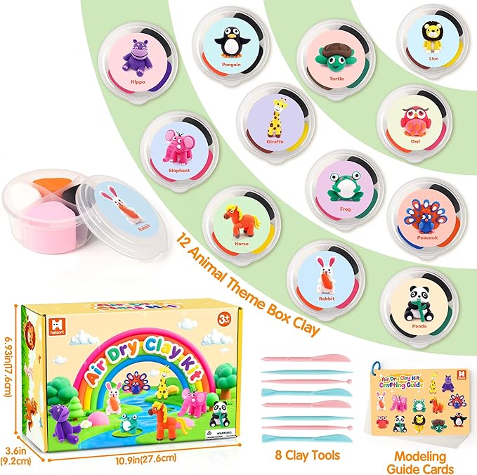 Air Dry Clay Kit for Kids, 12 Animals Modeling Clay with Tutorial Cards & Video, 8 Sculpting Tools, Ultra Light, Safe & Non-Toxic, Arts and Crafts Toys Christmas Gifts for Boys Girls