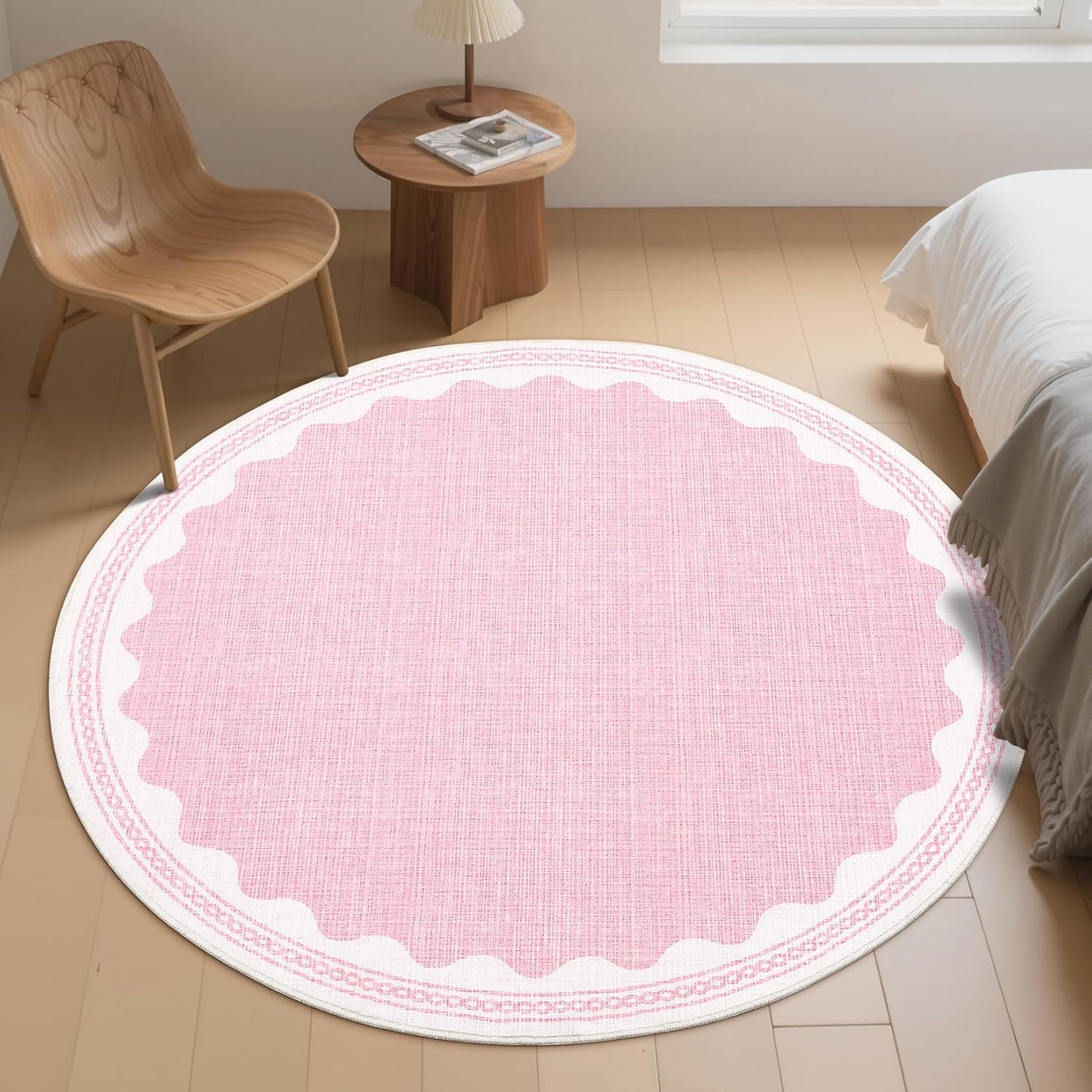 Scalloped Round Rug 4ft, Small Area Rugs Solid Pink Rug for Bedroom Girls, Washable Rugs for Living Room, Non Slip Scalloped Round Bath Mat, Soft Dorm Nursery Carpet for Bedside