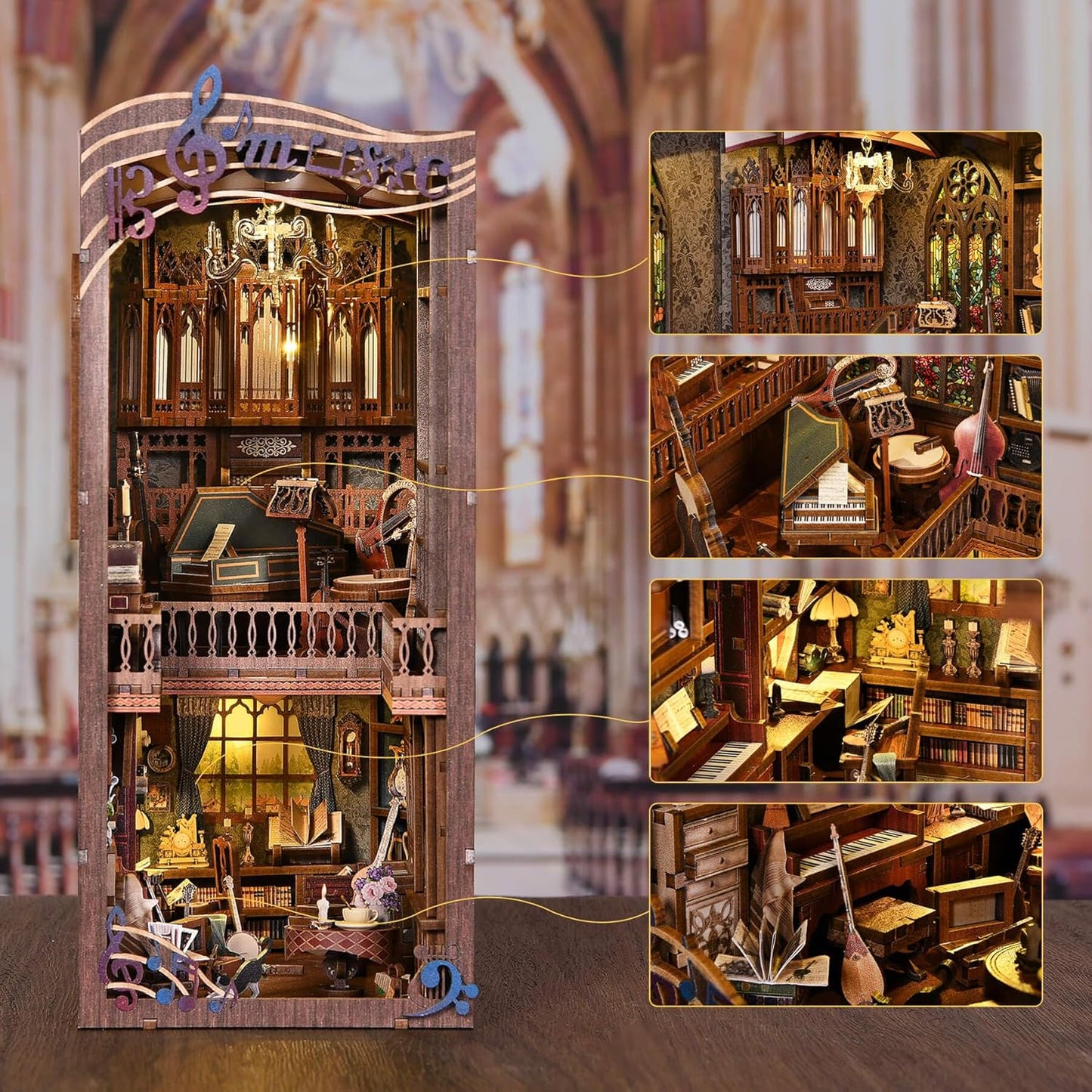 Book Nook Kit Music, DIY Miniature House Kit Book Nook, 3D Wooden Puzzle Bookshelf Insert Diorama Kit with Led Light for Teens and Adults (Timeless Melody)