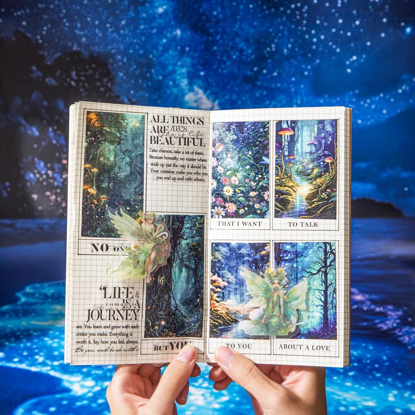 6 Rolls Fantasy Washi Tape Set – Non-Repeat Magical Forest and Galaxy Designs for Scrapbooking, Journaling, Planner, DIY Crafts with Storage Clip