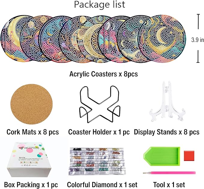 Diamond Painting Coasters Kits for Adults, Moon Diamond Coaster Art Kits for Beginners, Adults Stress-reducing Handicrafts Coasters with Holder Gem Art Kits Paint by Diamond 8 PCS(Moon)