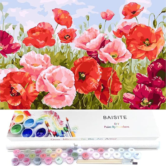 BAISITE Paint by Numbers Kit for Adults Beginners,20" Wx16 L Canvas for Painting Kits for Adults in Colorful Box Poppy Flowers-BSC001