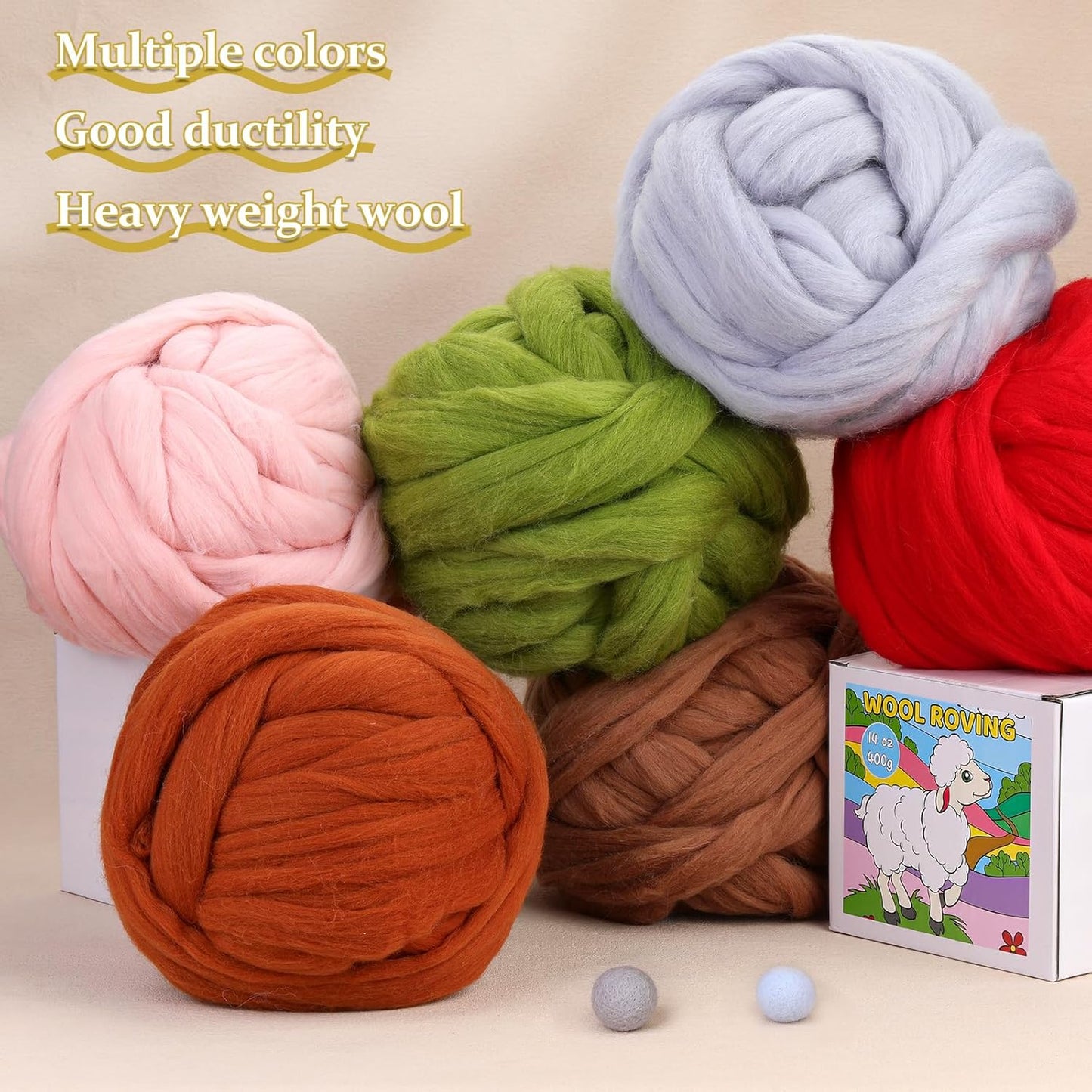 QMNNMA Wool Roving 0.88 lb (14.1 Ounces), Colored Natural Wool Roving for Spinning, Soft Chunky Yarn for Felting, Felting Pad, Felting Supply, Chunky Yarn Bulk, Carded Stuffing