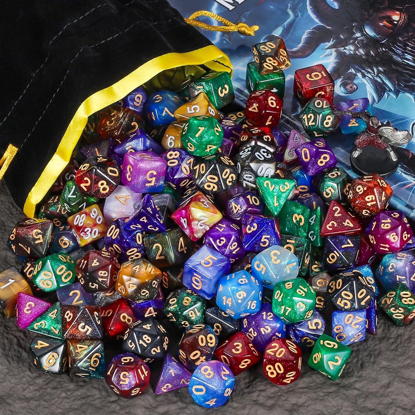 CiaraQ DND Dice Sets - 26 X 7 Polyhedral Dice (182pcs) with a Large Drawstring Bag for Dungeons and Dragons, Role Playing Table Game. Multiple Colors, Glitter Swirl Design with Gold Numbers.