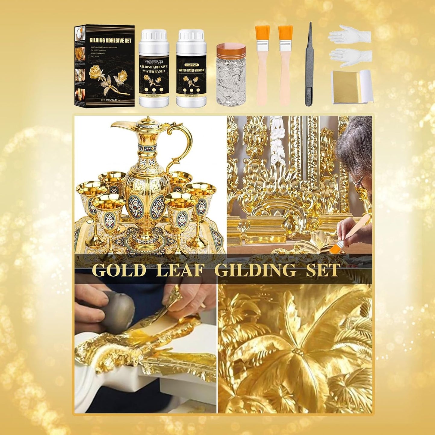 Gilding Adhesive Set Gold Leaf Sheets for Art 100ml Water Based Metal Leaf Glue and 100ml Varnish, Gold Foil Sheets for Crafts 100 pcs, 2 Brushes and 1 Sheet Tweezers