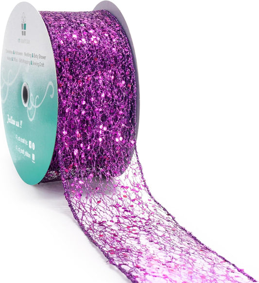 CT CRAFT LLC Sparkling Glitter Mesh Wired Ribbon 2.5" x 20 Yards Purple for Christmas Home Decor Bow Gift Wrapping DIY Crafts Wreath