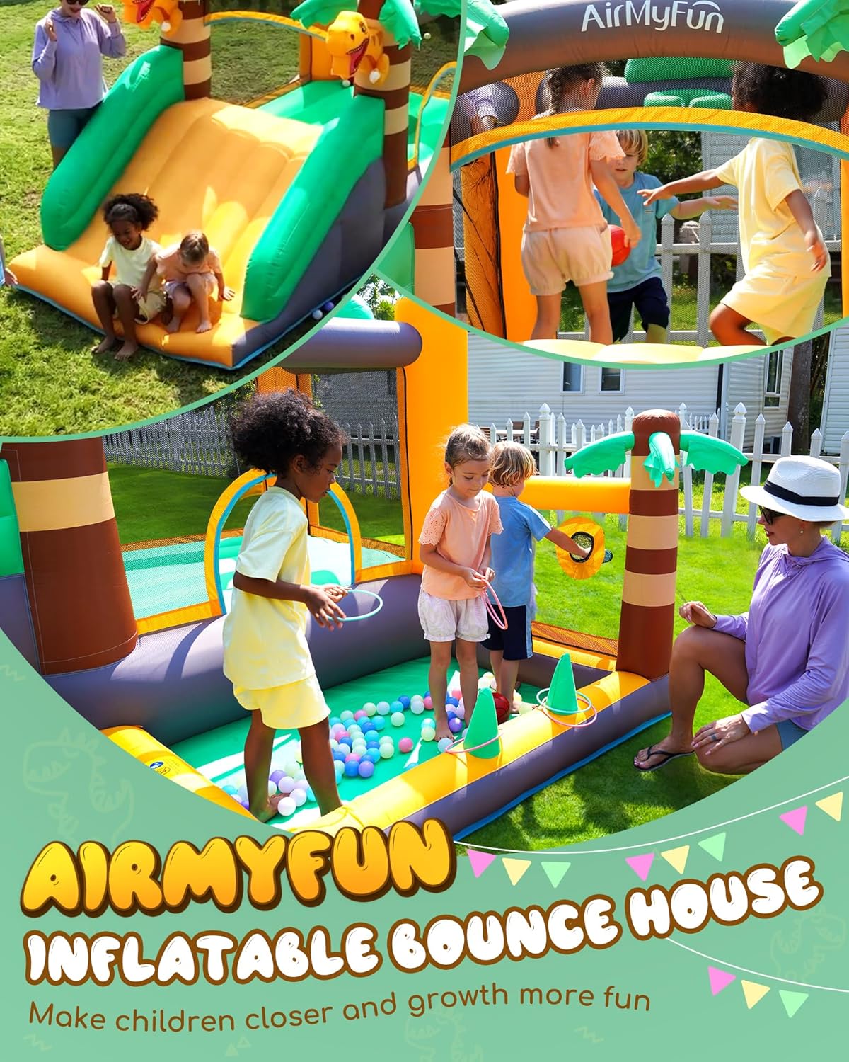 AirMyFun Inflatable Dinosaur Bounce House for Kids 3-8 with Blower – Large Bouncy Castle with Slide, Indoor/Outdoor Toddler Jumping Castle for Backyard & Birthday Fun