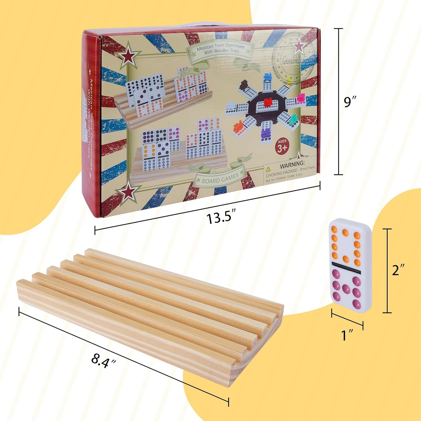 Double 12 Mexican Train Dominoes Set for Adults with 8PCS Wooden Holders, 9 Train Markers, 91 Color Dot Tile Dominos in Tin Box & Hub - Classic Family Board Game Set Party Toy Gift for Kids