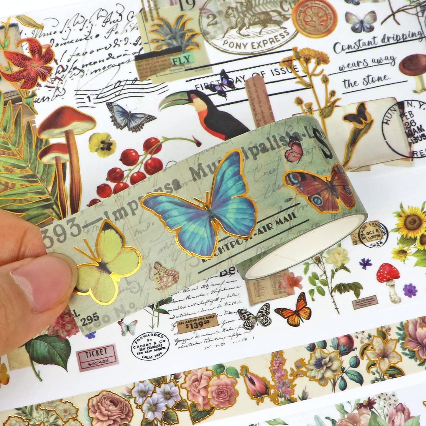 37 Rolls Vintage Washi Tape Set - Decorative Tape Floral Butterfly Mushroom Botanical,Adhesive Tape for Journaling Supplies,Scrapbooking,Junk Journal Supplies5/8/10/15/30/75mm Wide9.84ft Long/Roll