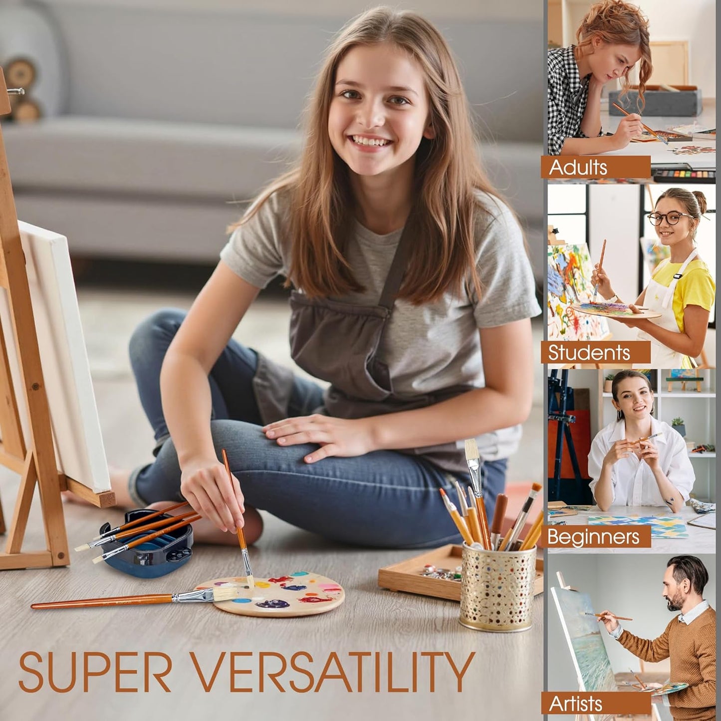 DUGATO 10pc Flat Hog Bristle Paint Brush Set - Short Handle Artist Brushes for Acrylic, Oil, Gouache, Watercolor - Canvas, Fabric & Craft Painting