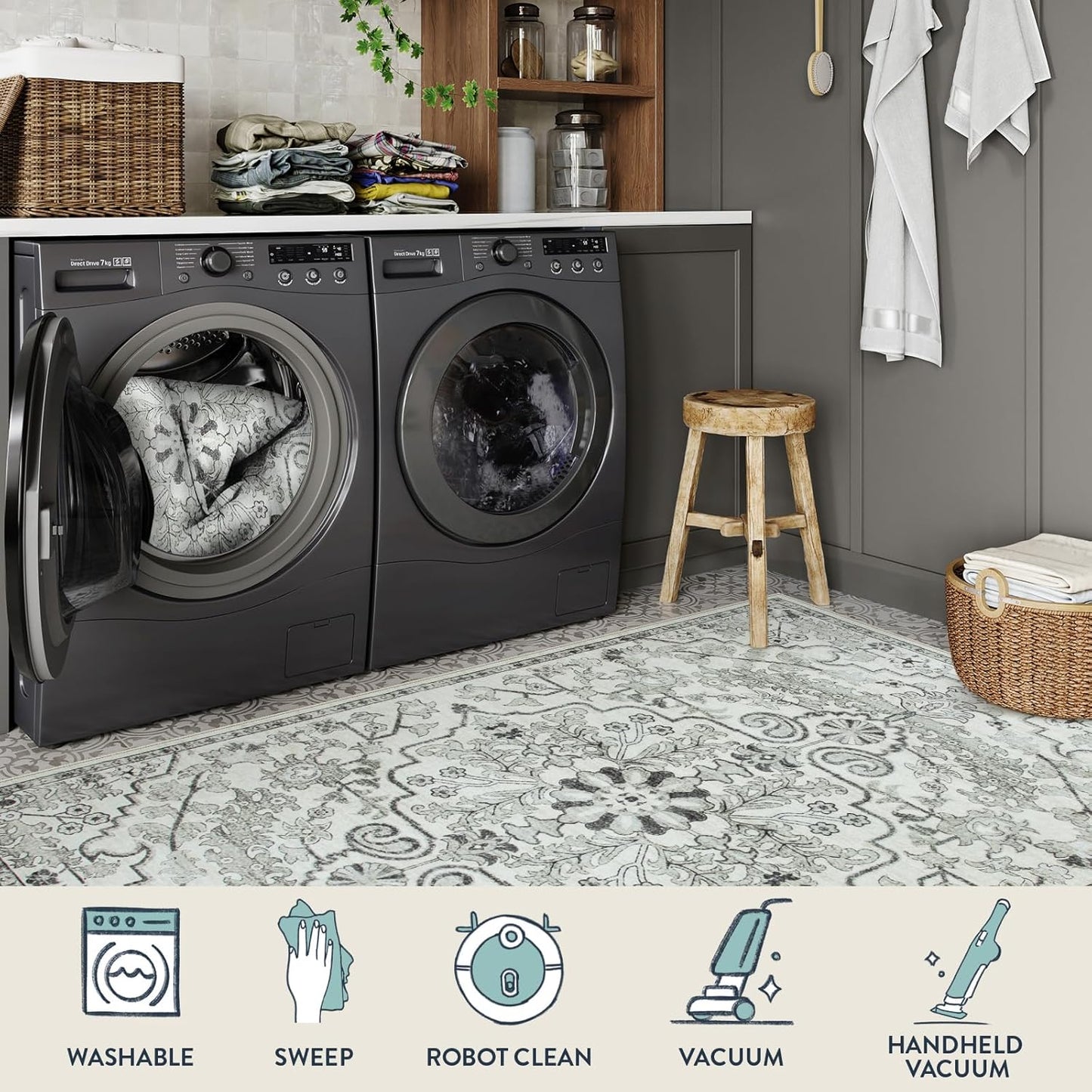 Lahome Round Rug 4ft, Soft Rug for Bedroom Machine Washable Office Circle Rug, Bohemian Medallion Non-Slip Non-Shedding Low Pile Printed Indoor Carpet for Kitchen Laundry Bathroom, Beige