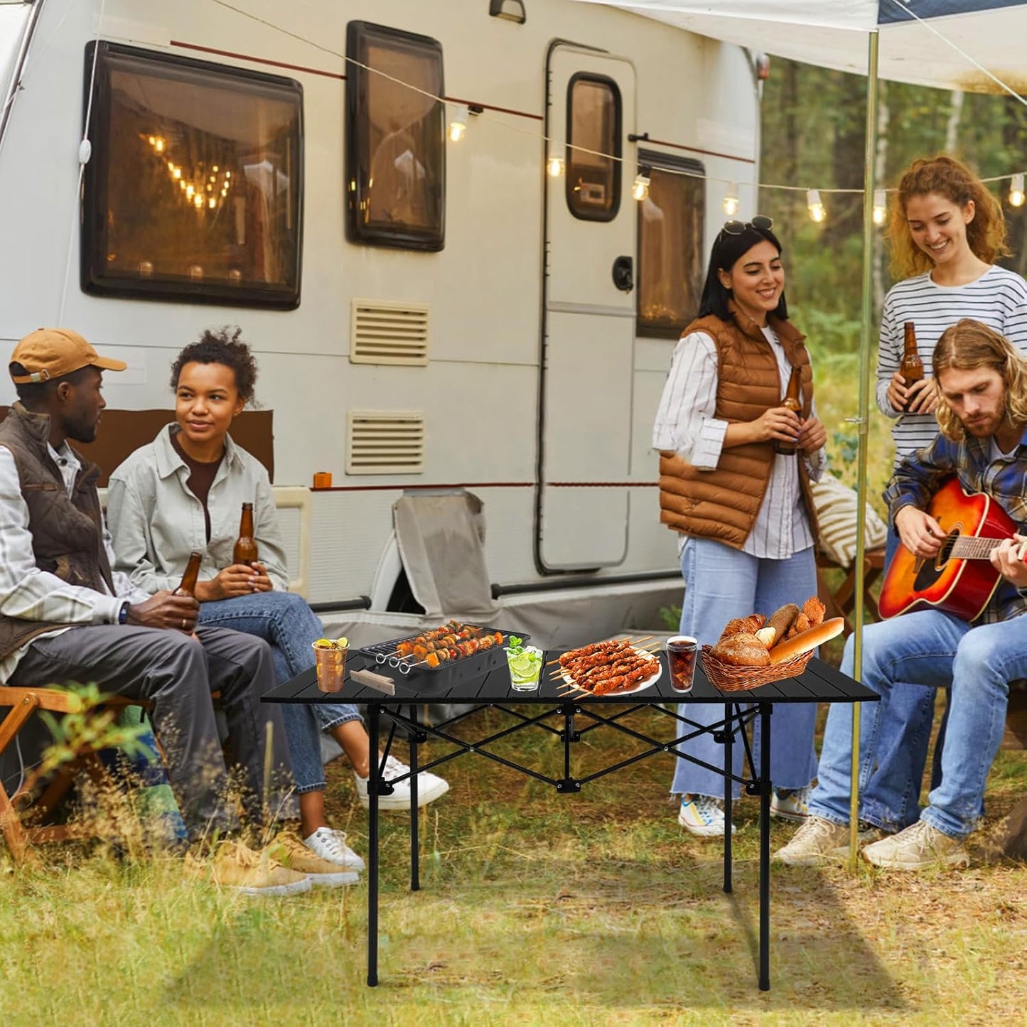 Camping Table 4Ft Folding Table Folding Picnic Aluminum Roll up Camp for Outdoor Beach Grill BBQ Travel Black