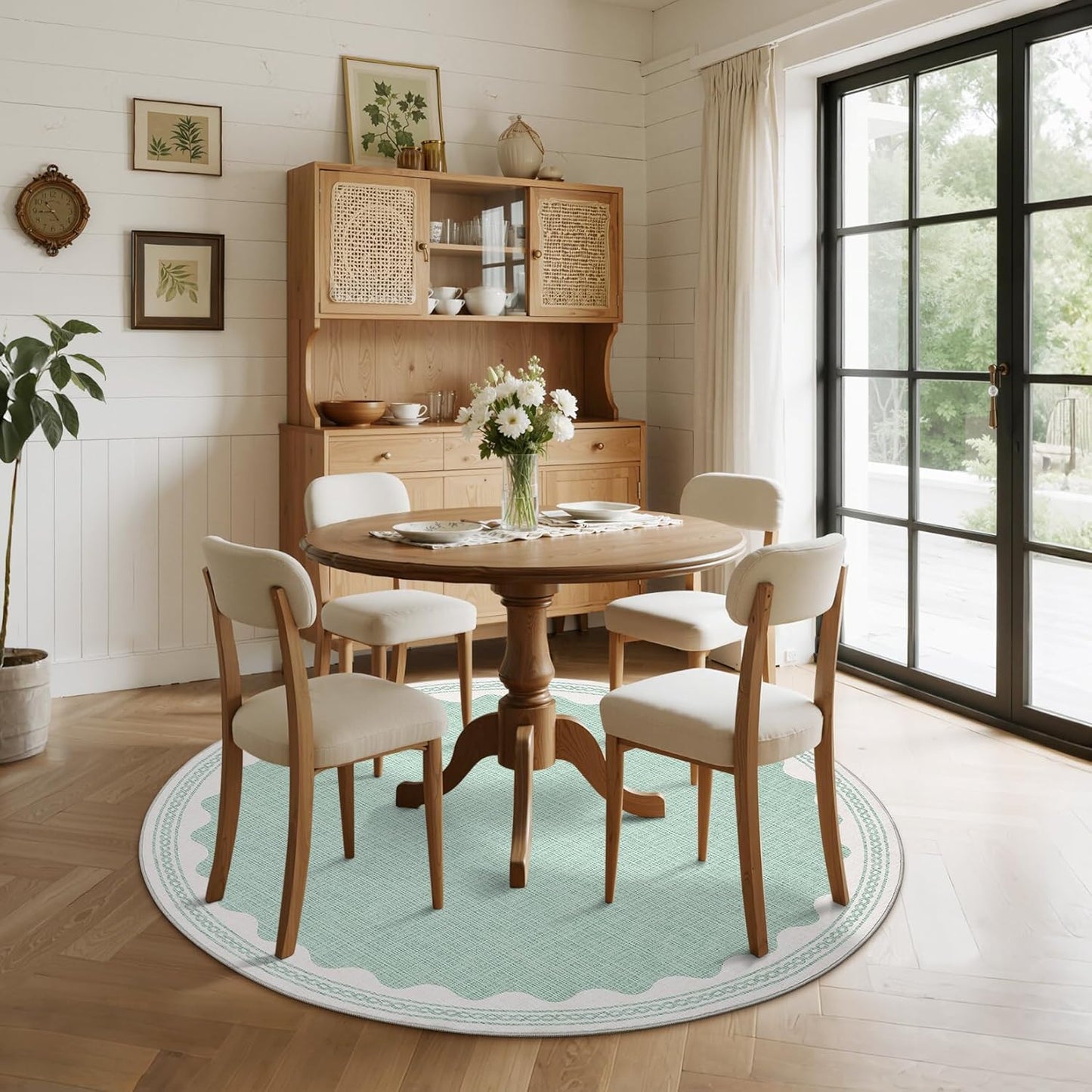 Scalloped Round Rug 4ft, Small Area Rugs Solid GreenRug for Bedroom Girls, Washable Rugs for Living Room, Non Slip Scalloped Round Bath Mat, Soft Dorm Nursery Carpet for Bedside