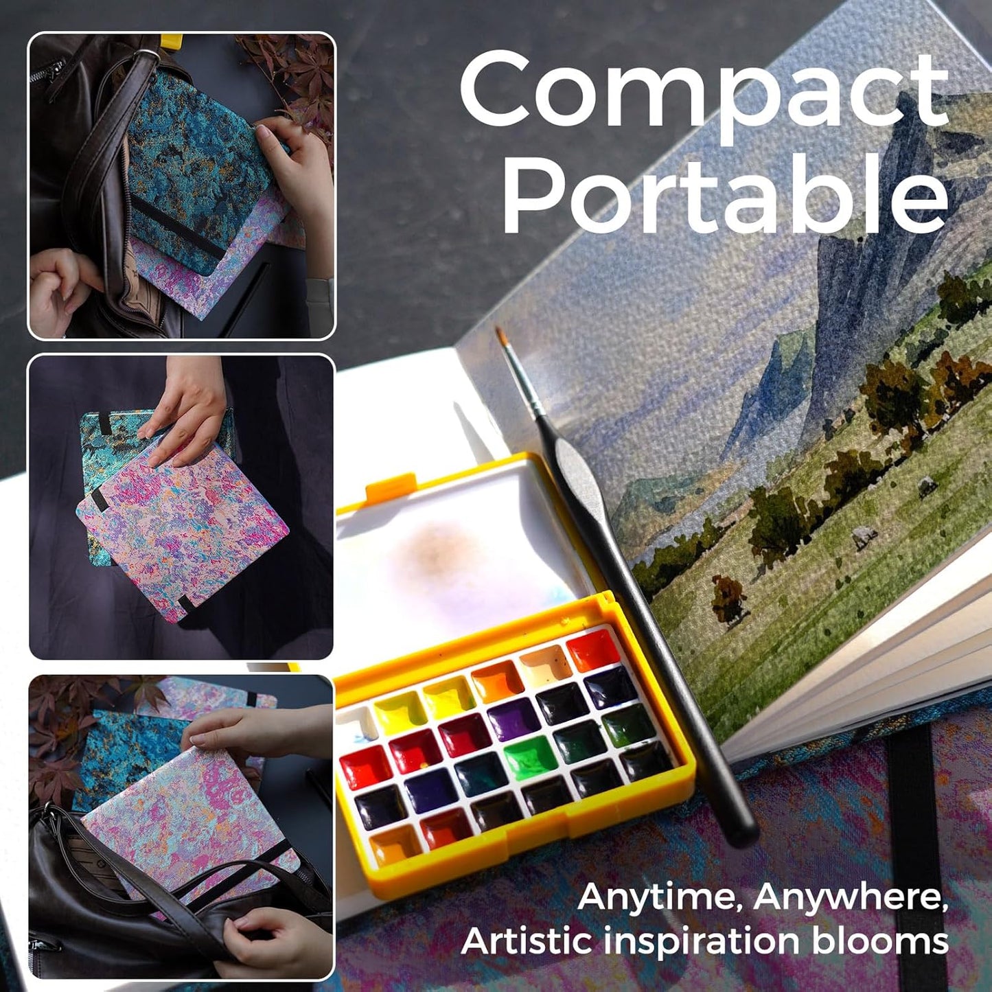 Funto Watercolor Journal, 6.3x6.3, 24 Sheets, 100% Cotton Cold Press, 300gsm/140lb, Inner Paper Pocket, Art Supplies for Mixed Media