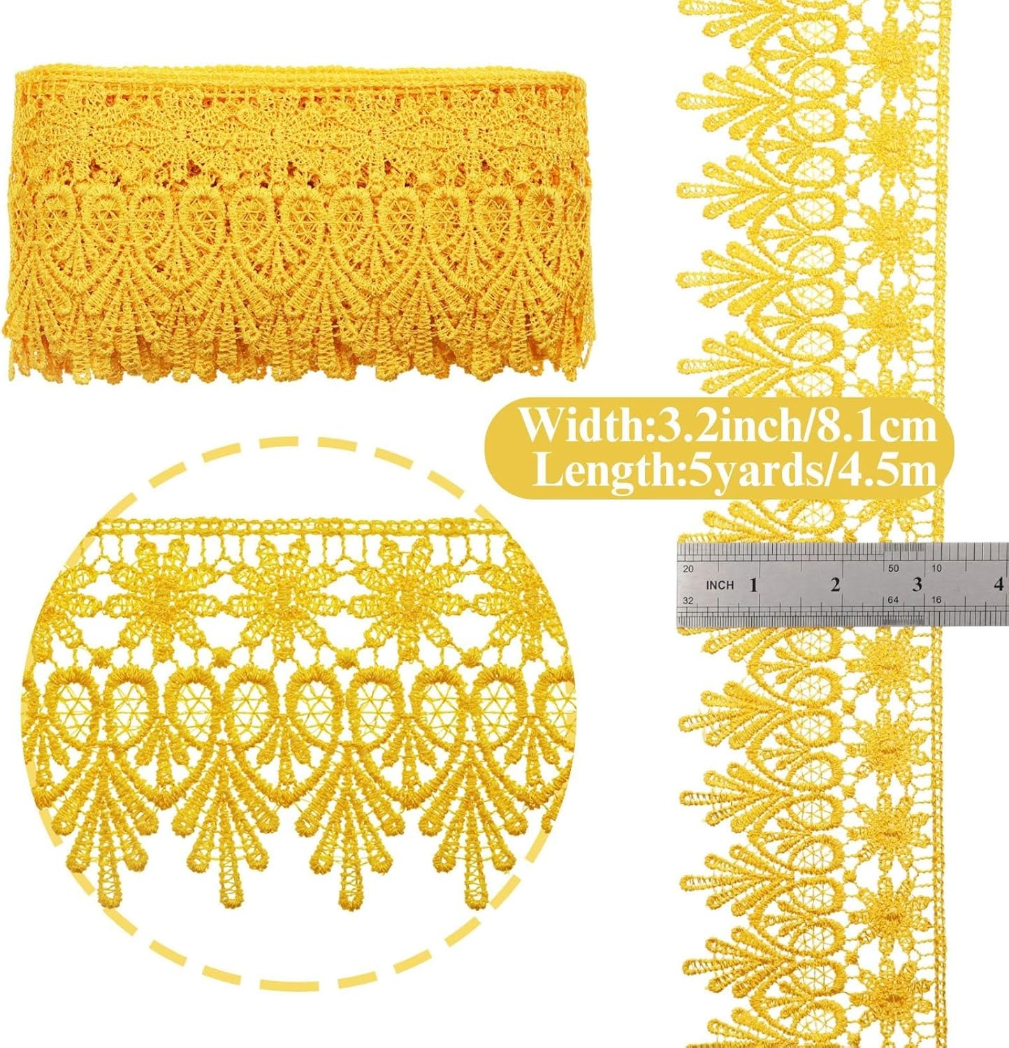 GXTIZAS Yellow Lace Trim 5 Yards Wide Venise Lace Ribbon Embroidered Edge Trim for Sewing Crafts Pillow Case