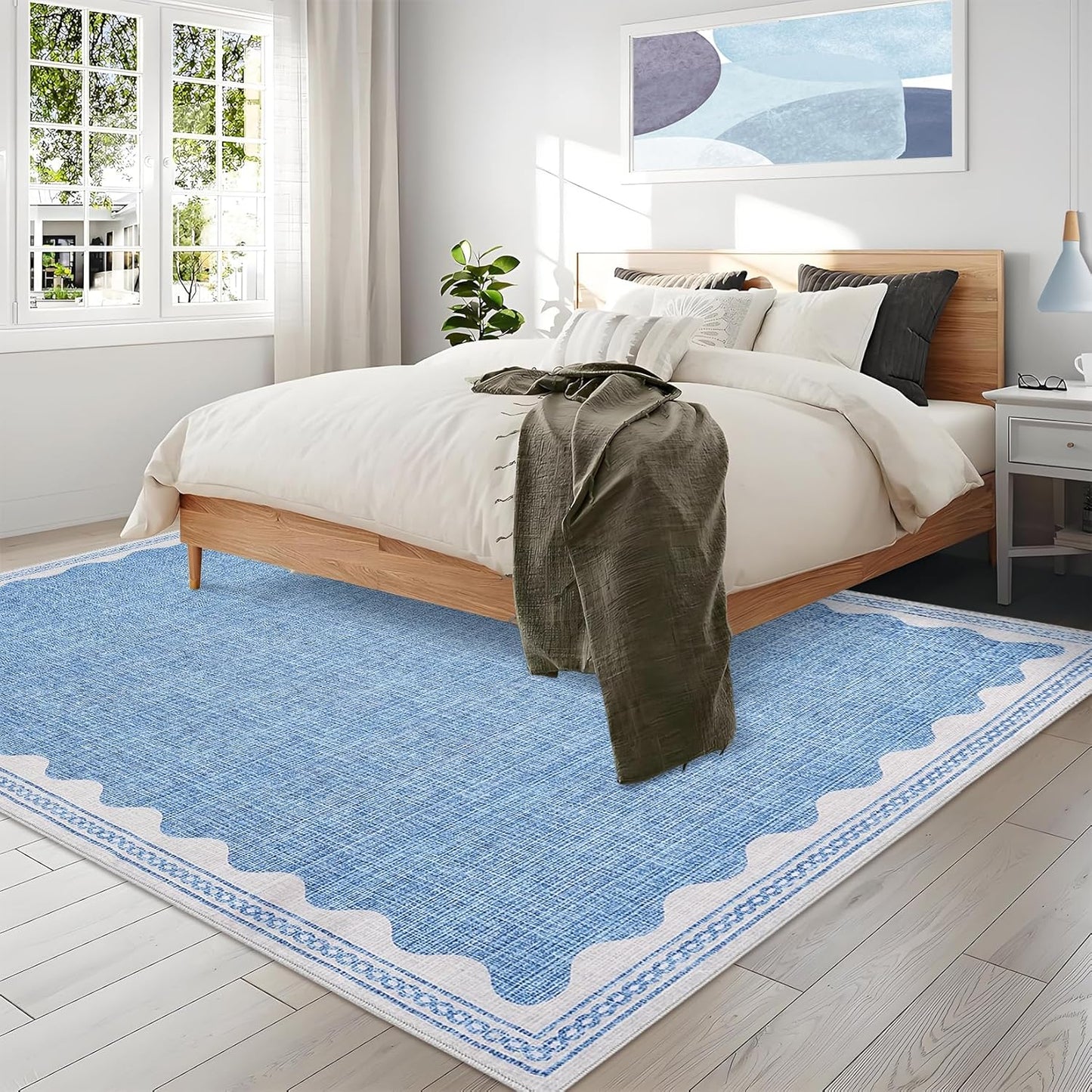 Scalloped Washable Rug 5x7 Area Rugs for Living Room, Solid Blue Rug for Bedroom Girls, Non Slip Scalloped Rugs Throw Mat with Rubber Back, Soft Dorm Nursery Low Pile Carpet for Dining Room