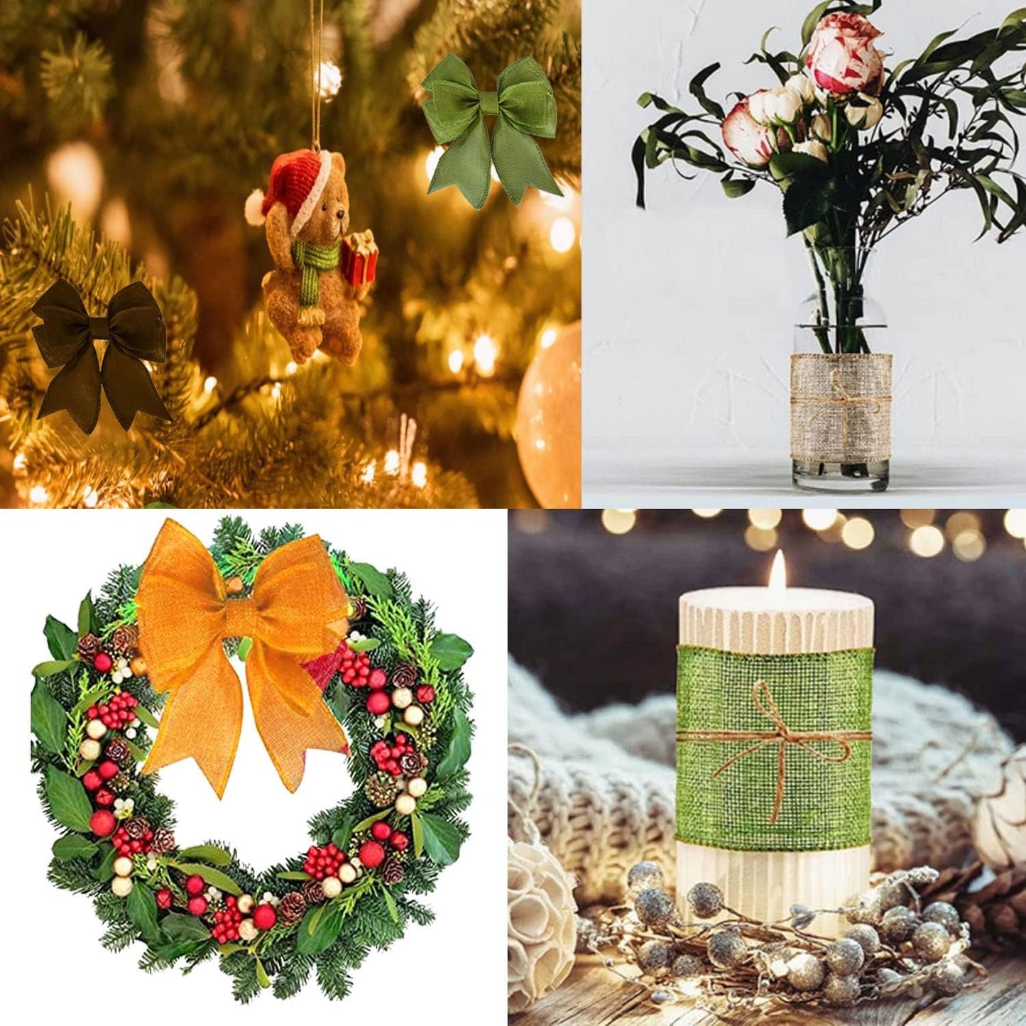 Burlap Ribbon Rolls, Wrapping Burlap Ribbon Natural Orange Brown Olive Green Jute, for Christmas Crafts Decoration Wedding Floral Bows Trims Craft 13.2 Yards 2.4 Inch