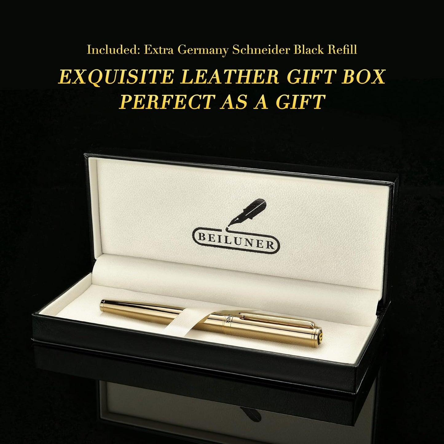 BEILUNER Luxury Gold Rollerball Pen, Stunning Pens with 24K Gold Finish, Noble and Elegant Designs,Schneider Ink Refill, Fancy Gift Set for Men & Women, Executive Writing, Office, Nice Graduation Gift