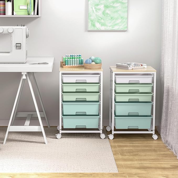Craft cart,Rolling Cart with Drawers,Storage Cart with 5 Drawers and Wooden Tabletop for Under Desk Organizers and Storage,Green