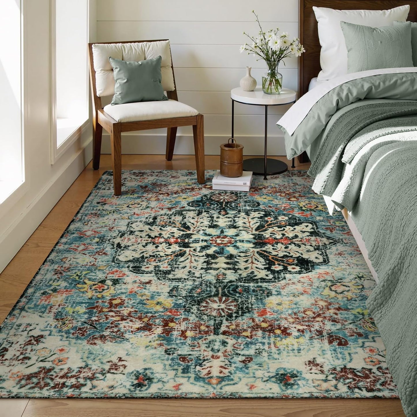Lahome Bohemian Floral Medallion Area Rug - 4x6 Teal Soft Bedroom Rug Washable Entryway Mat, Non Slip Pet Friendly Indoor Floor Accent Carpet for Bathroom Mudroom Basement Studio