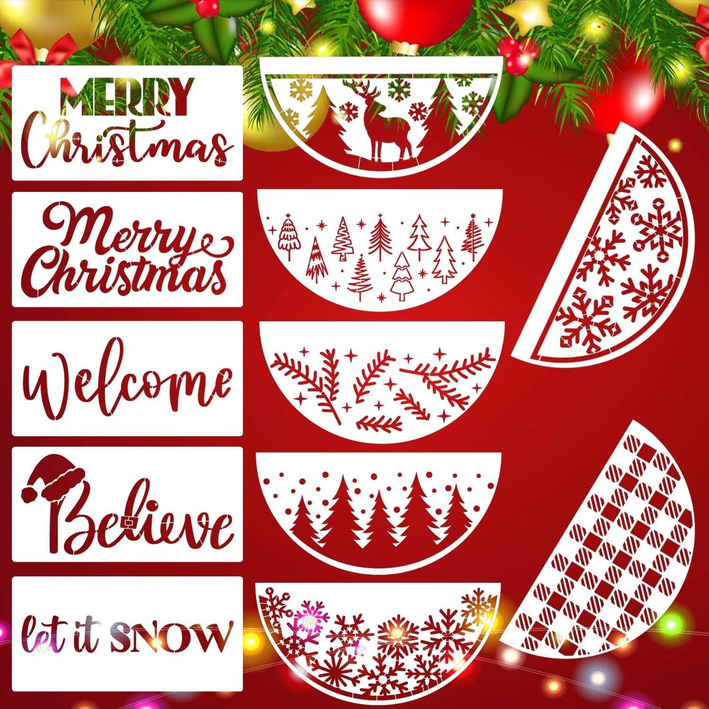 Christmas Stencils for Painting on Wood 12" Christmas Doormat Stencils Holiday Stencil Merry Christmas Believe Drawing Templates for Door Mats Porch Wreath Decor