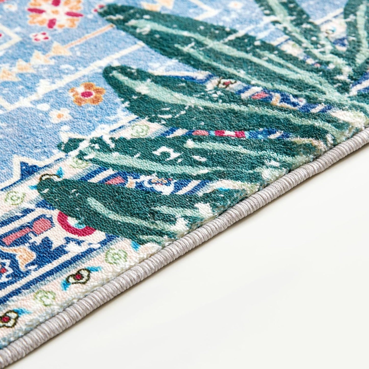 Oriental Tropical Hallway Runner Rug 2x8 Washable, Thin Stain Resistant Blue Boho Runner Rug for Entryway Kitchen Bedroom Laundry, Vintage Abstract Hippie Indian Botanical Long Floor Carpet