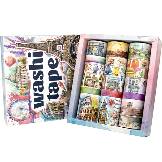MPOPUUL Washi Tape Set 18 Rolls - European Tourism Decorative Adhesive Masking Tape for Journaling, Vintage Colored Tape for Junk Journaling Supplies, Scrapbooking Supplies, DIY Crafts, Planner