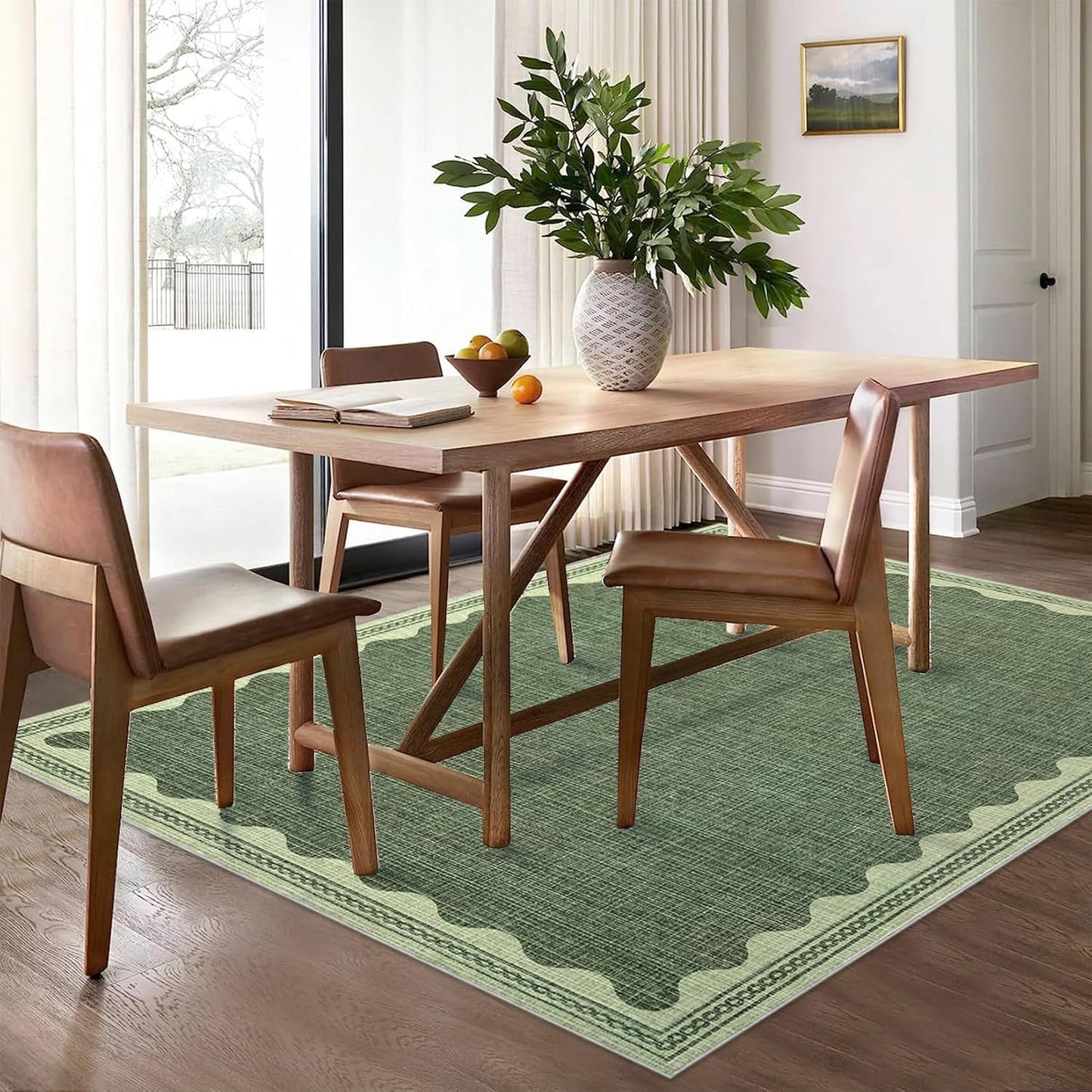 Scalloped Washable Rug 8x10 Area Rugs for Living Room, Solid Green Rug for Bedroom Girls, Non Slip Throw Carpet with Rubber Back, Soft Dorm Nursery 8x10 Rugs for Dining Room