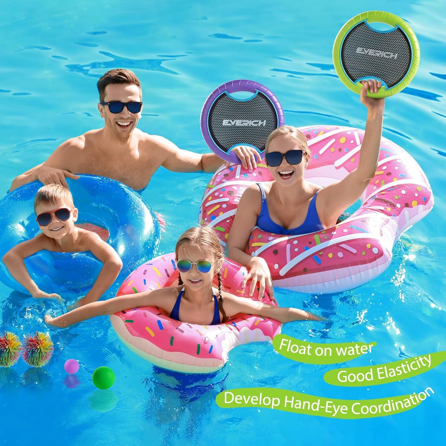 EVERICH TOY Trampoline Paddle Ball Set with 2 Bouncy Paddles & 4 Balls - Soft Foam Design for Kids Play Indoor Outdoor Beach Backyard Lawn - Great Gift Idea for Boys & Girls (Blue & Purple)