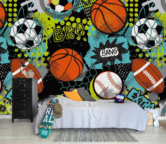 AFZEVEB-Colorful Graffiti Wallpaper Hand-Painted Ball Wall murals for Kids Room 159"x107"(Not Peel and Stick)