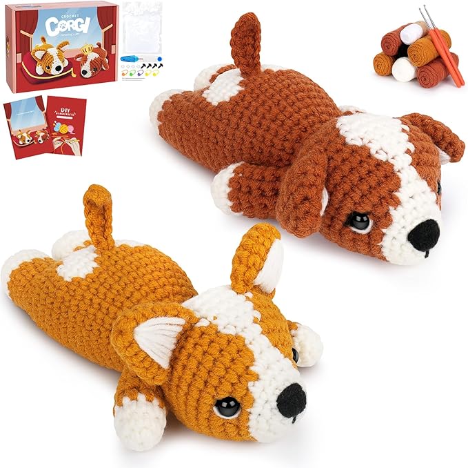 Fortuning's JDS Crochet Kit for Beginners, 2 Adorable Corgi Dog Crochet Animals Kits, Easy Beginner Crochet Kit for Adults & Kids, Women & Men, DIY Craft Knitting Kit with All Supplies