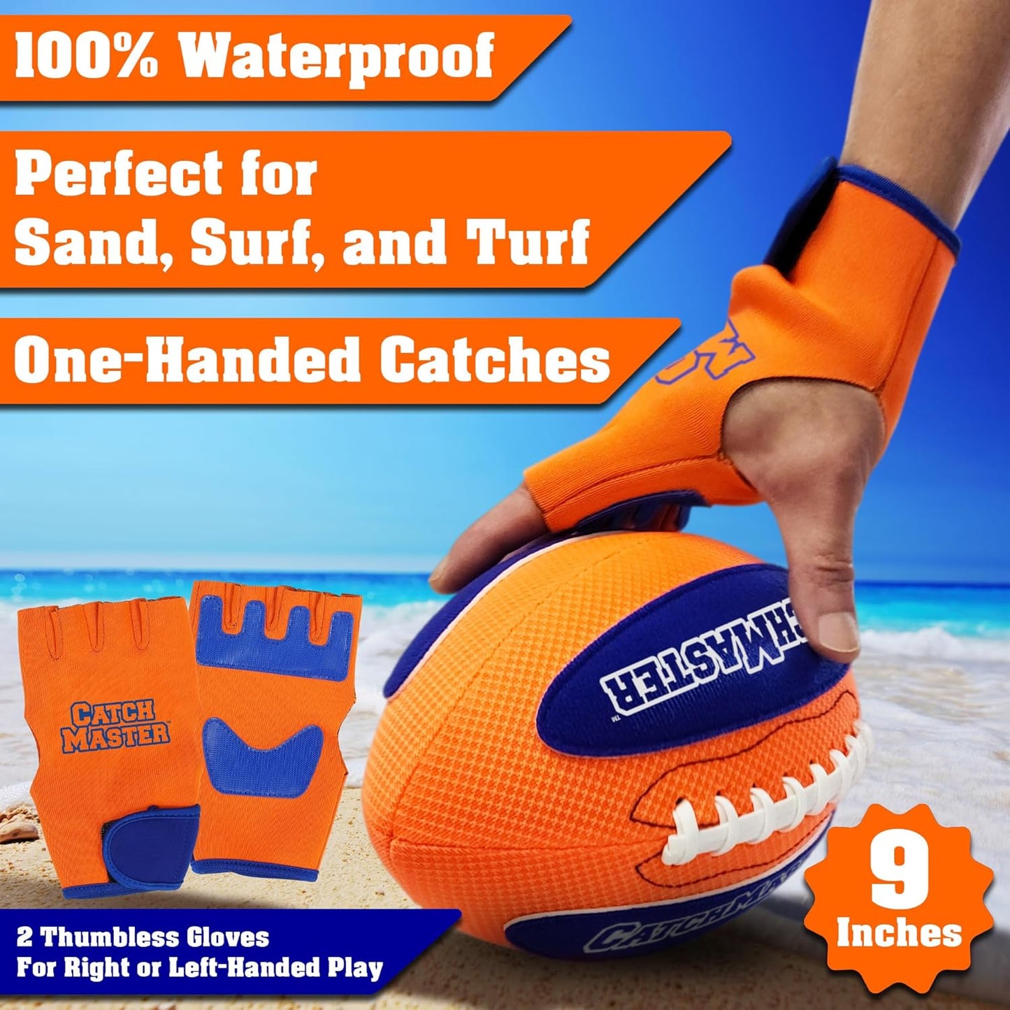 Funwares CatchMaster Water Football Set – Lightweight, Double-Laced Ball + 2 Gloves for Beach, Swimming Pool, or Backyard – All Weather Fun & Active Play for Kids, Teens & Families