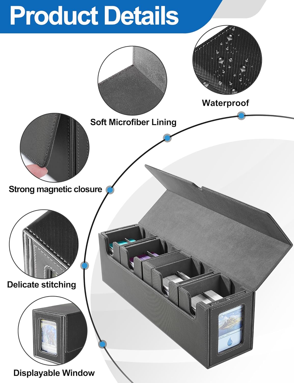 Card Deck Box for MTG with Commander Display, 5 in 1 Card Deck Case Holds 800+ Unsleeved Cards, Strong Magnet Organizer Compatible with Yugioh TCG Sports Cards (Black&Grey)