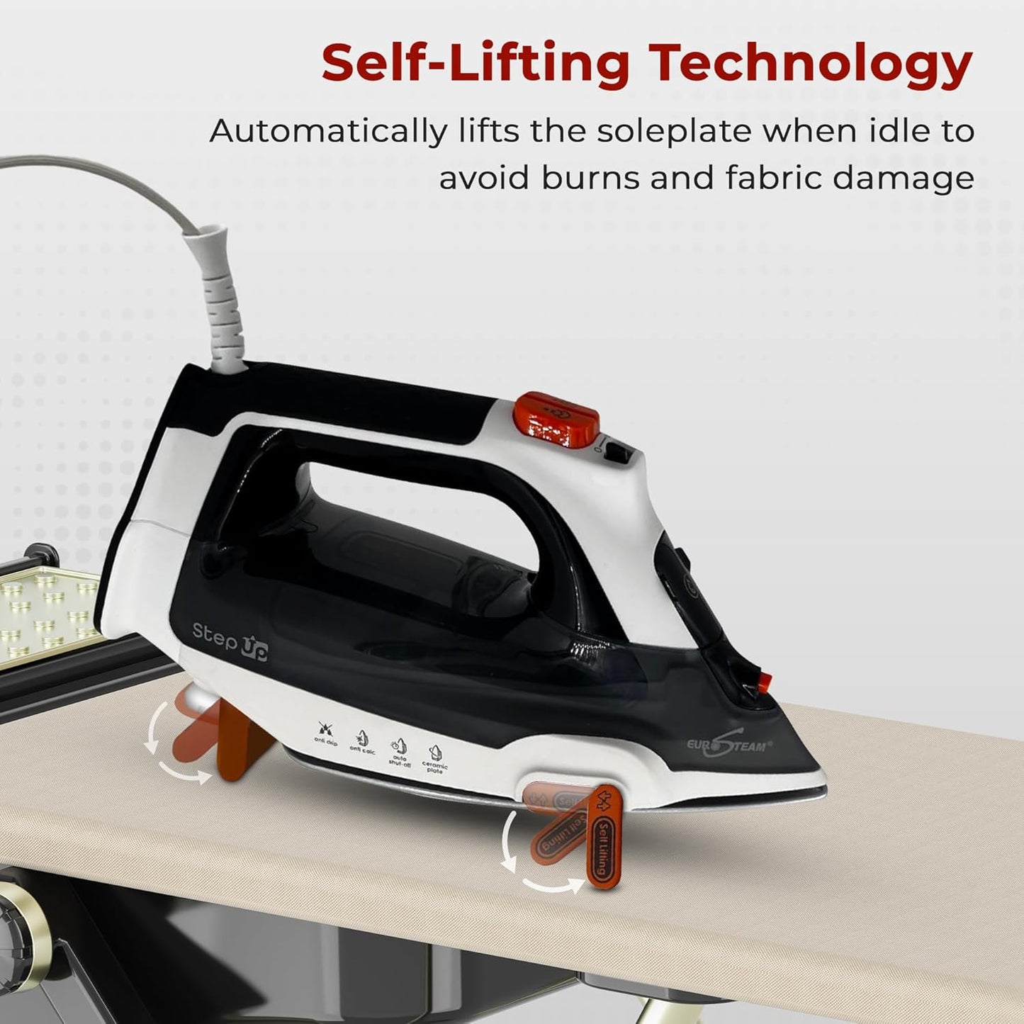 Eurosteam Step Up Iron - Self-Lifting Smart Iron with Ceramic Soleplate - Auto-Lift Safety & Smart Temp Technology for All Fabrics - Ironing Reimagined: Smart, Safe, and Effortlessly Fast