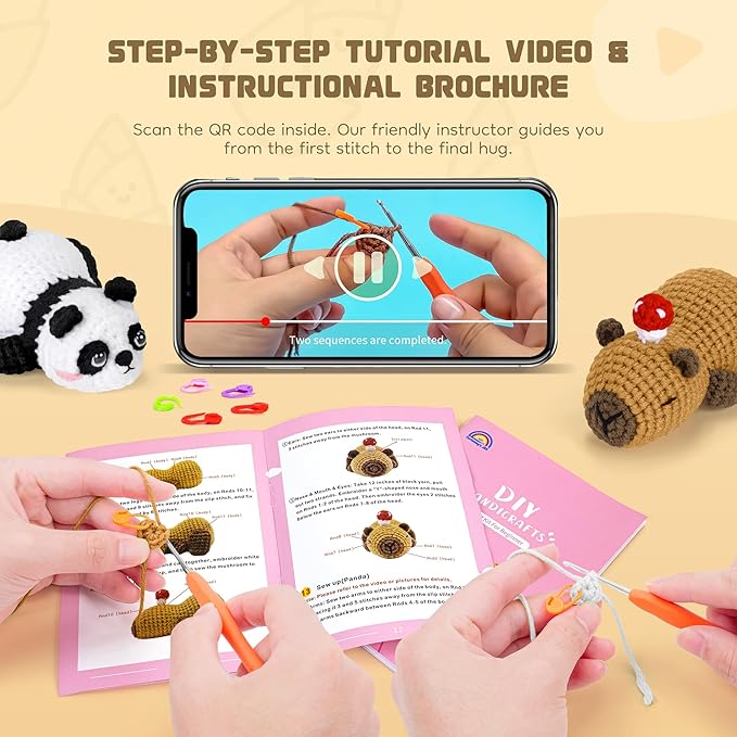 Fortuning's JDS Crochet Kit for Beginners, Panda & Capybara Crochet Animal Kits, Easy Crochet Kit for Adults and Kids, Complete DIY Craft Knitting Kit w/Step-by-Step Video Tutorials Christmas Gifts