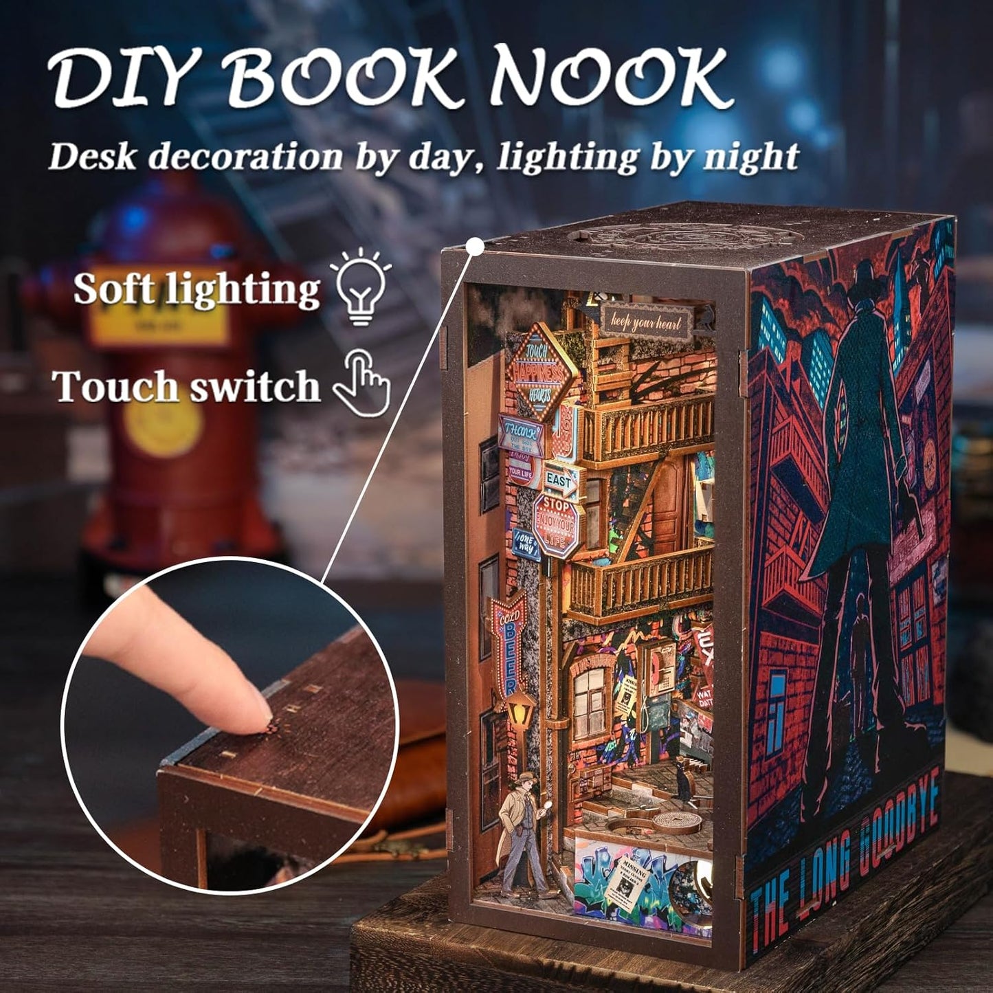 CUTEBEE Book Nook Kit - DIY Miniature House Dollhouse Kit for Adult and Teens, Booknook Bookshelf Decor Alley Model Build with LED Light, Gifts for Family and Friends (The Long Goodbye)