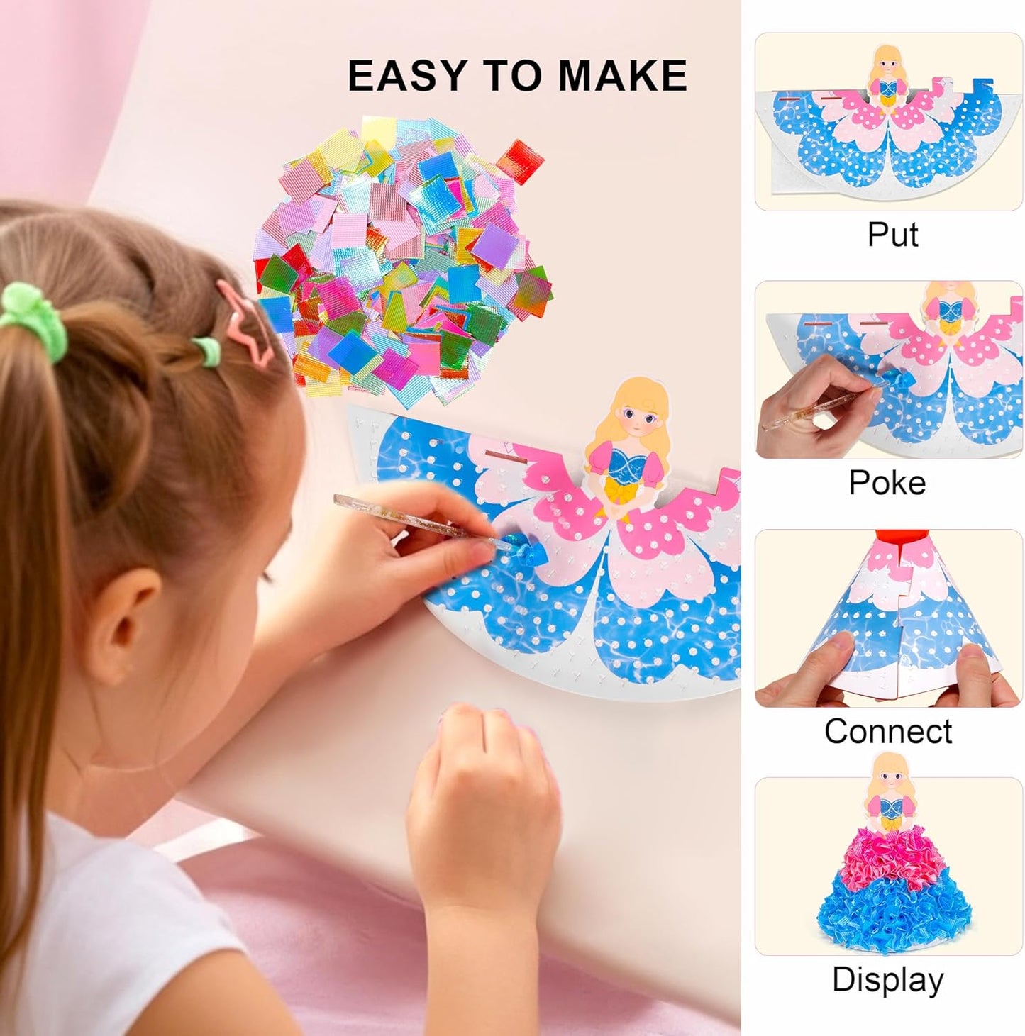 PP OPOUNT Poke Art Kits for Girls, 5 pcs 3D Magical Princess & 5 Bags Kids Paper Craft Kits, DIY Wood Craft Kit, Mess-Free Creative Activity Art and Crafts, Birthday Christmas Gift for Girls Ages 4-8