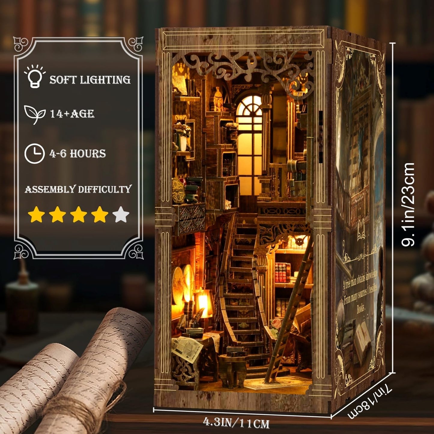 Book Nook Kits for Adult, DIY Miniature House Kit 3D Wooden Puzzles Miniature House Booknooks Dollhouse Bookend Bookshelf Insert Decor with LED Light Gift - Ancient Book Collection Room