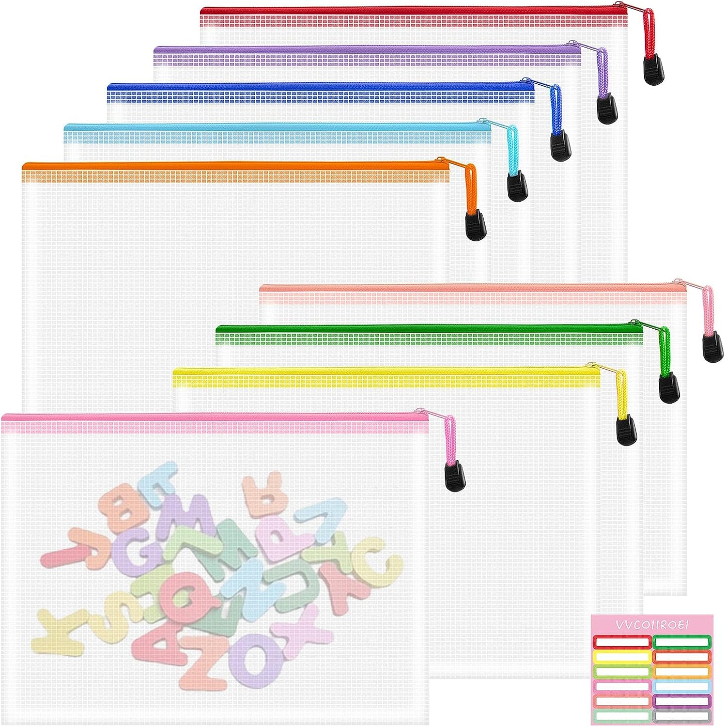 9pcs Mesh Zipper Pouch Bags, B5 Mesh Pouch, Plastic Zipper Pouches, 9 Colors for Organizing, Board Game Storage, Travel, School, Office