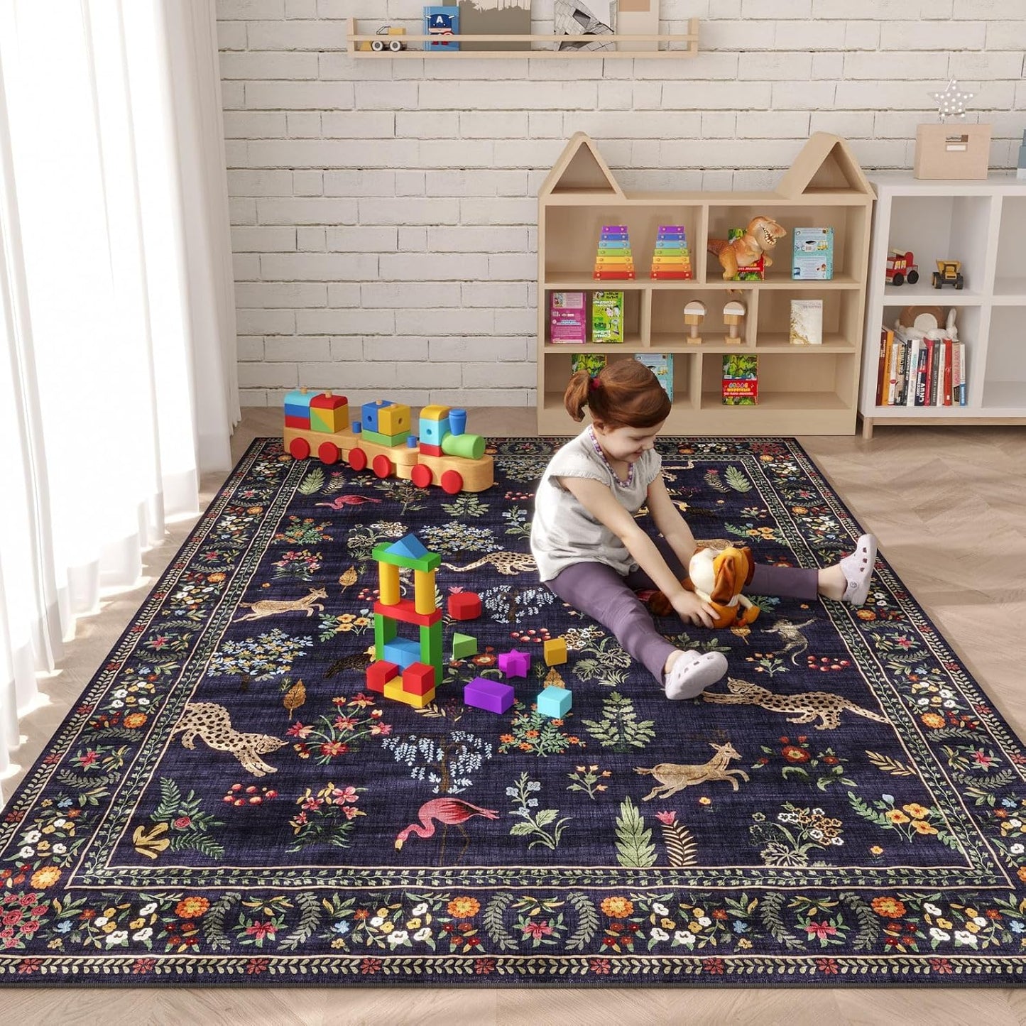 Rugcomf Area Rugs 8x10 Rug for Living Room Clearance Washable Boho Area Rug Non Slip Floral Animal Vintage Low Pile Large Rug for Living Room, Bedroom, Farmhouse, Dining Room, Kids Playroom (Blue)