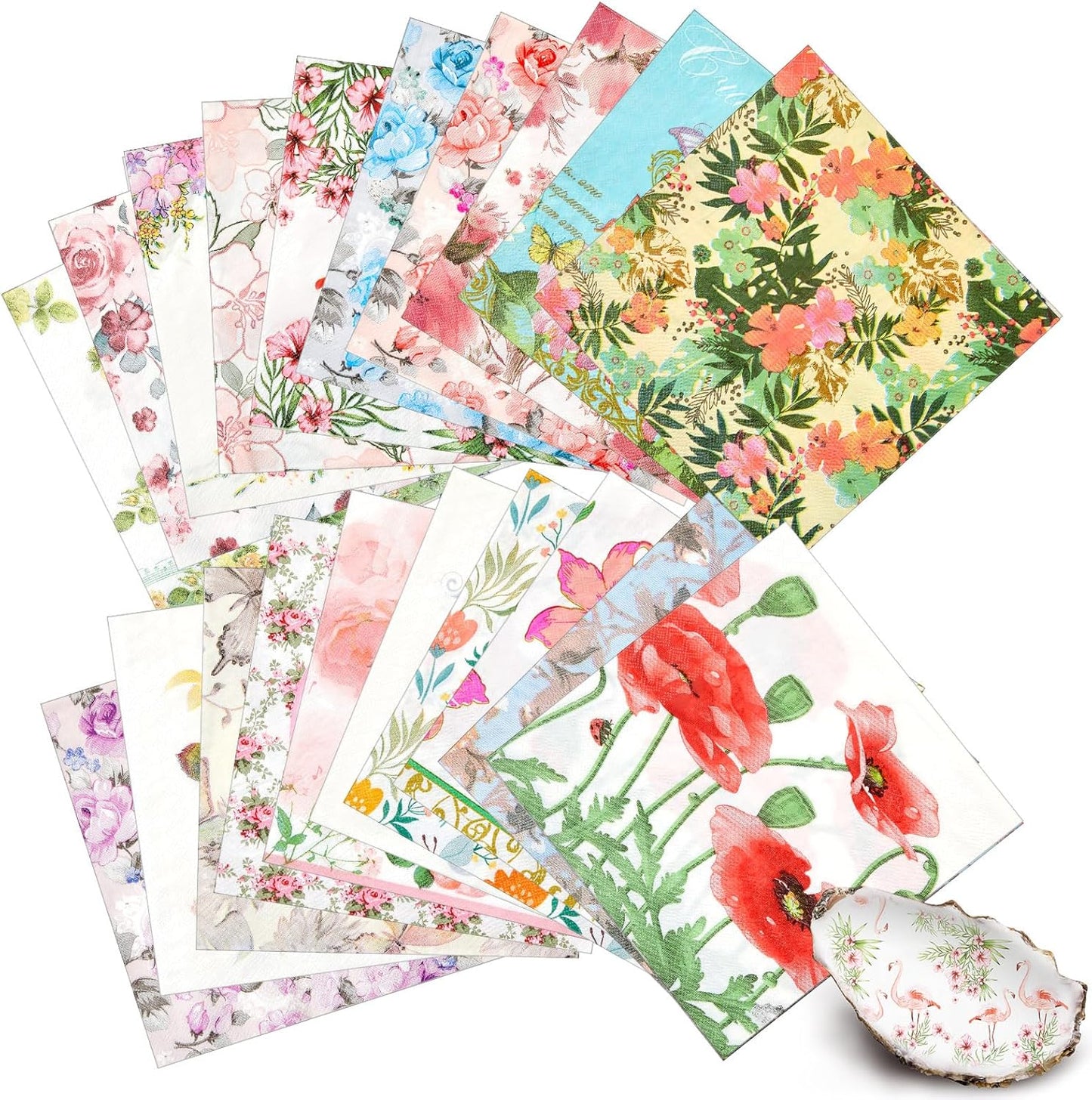 Crtiin 20 Pack Assorted Floral Napkins for Decoupage Toilet Napkins Flower Cocktail Decorative Paper for Birthday Party Beautiful Gorgeous, 20 Styles Each 6.5 inches(Style 3)
