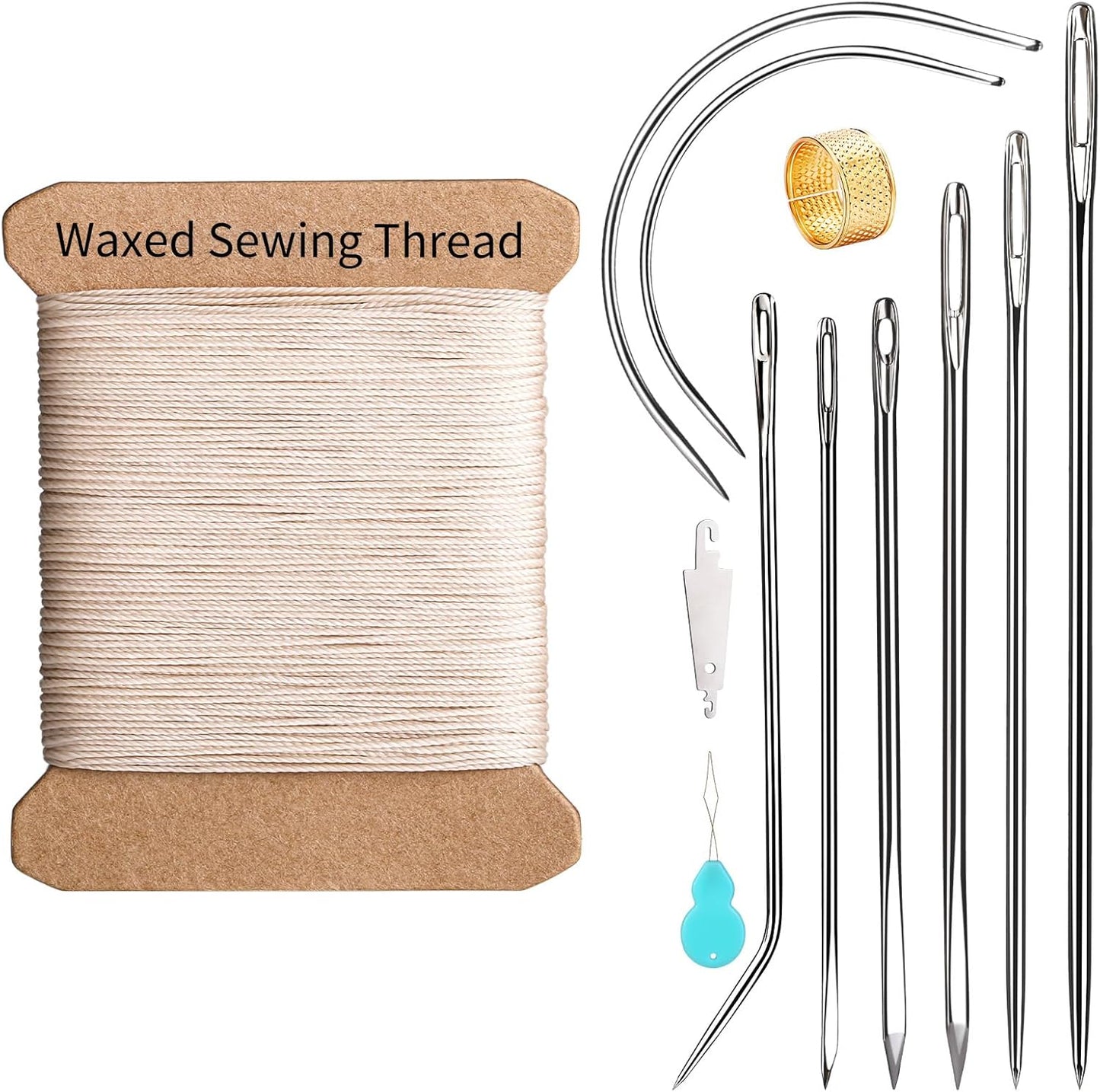 Repair Sewing Kit, Upholstery Needle and Thread Kit with 32 Yard Waxed Thread and 8 Pcs Heavy Duty Leather Needles for Hand Stitching, Canvas & Quilting - 0.55mm Round Waxed Cord Beige