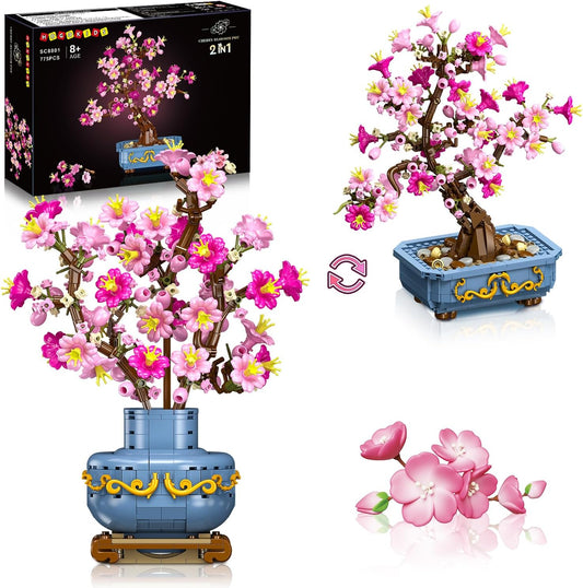 HOGOKIDS Flowers Cherry-Blossom Bonsai Building Set - 2 in 1 Artificial Bonsai Tree Plants for Home Decor & Display Cherry Botanical Flowers Building Toy Birthday Gift for Adults Teens (775PCS)
