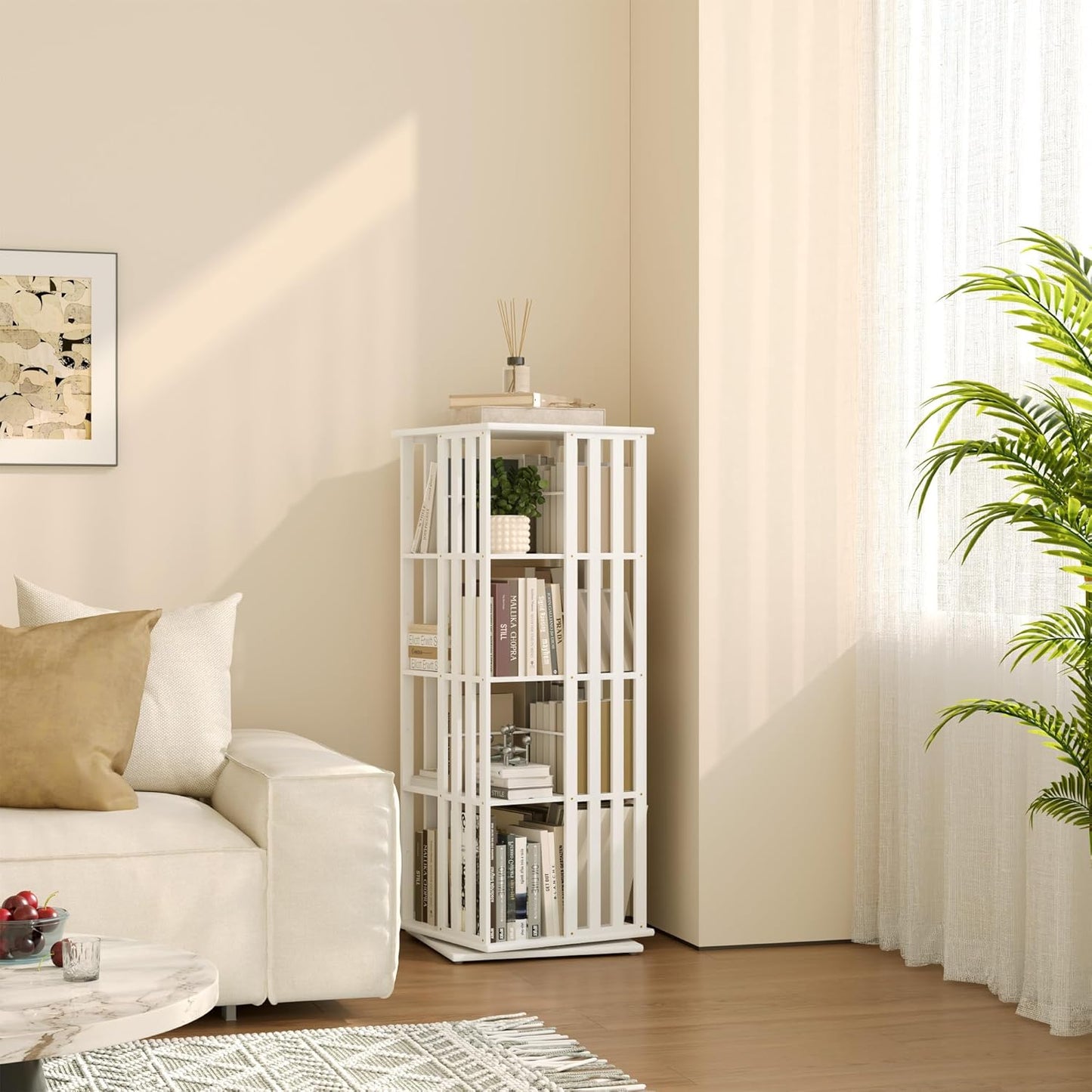 YOWOS Rotating Bookshelf Tower, 360 Display Spinning Bookcase, Bamboo Bookshelf Floor Standing Storage Rack, Wood Narrow Book Shelf Organizer for Kids&Adults (White, 4 Tier)