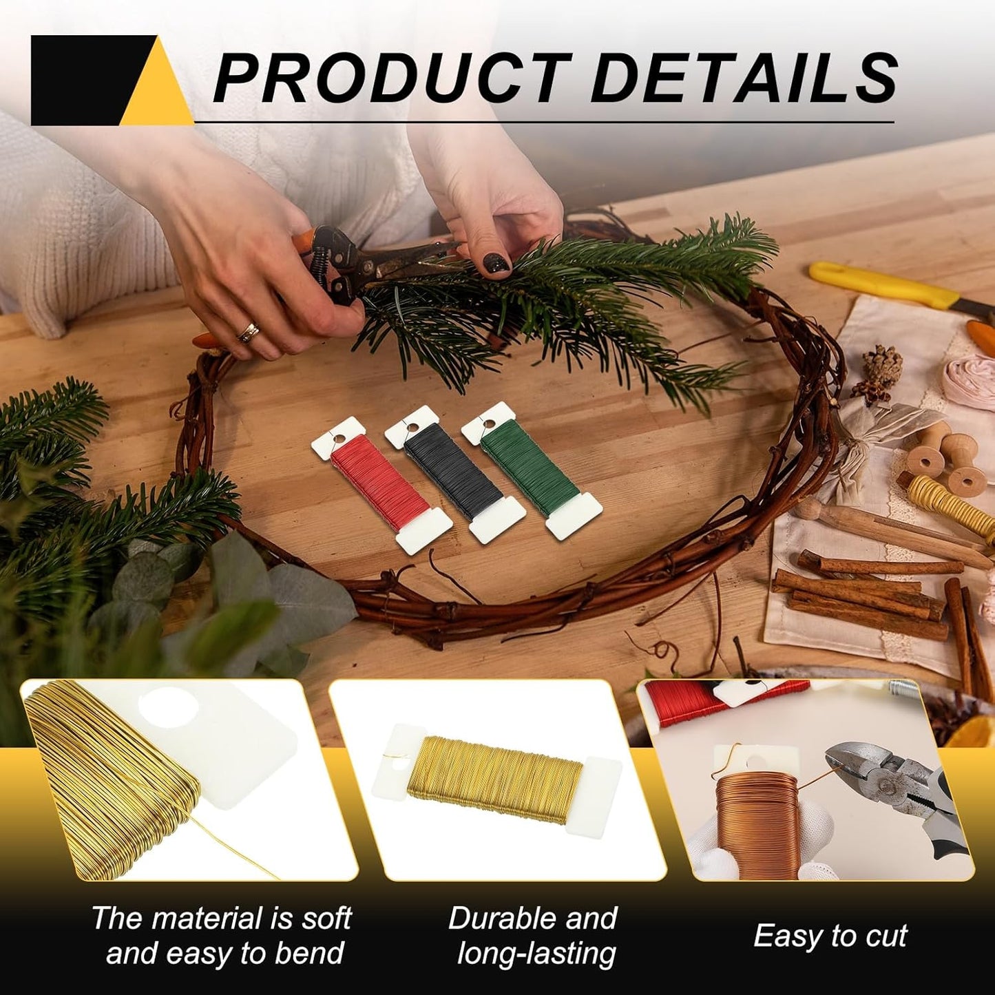 MECCANIXITY 114 Yards/345 Feet 27 Gauge Metal Floral Wire Gold Tone Flexible Paddle Thin Floral Wires for Craft, Christmas Wreath, Flower Arrangement, Wedding, Total 3 Roll