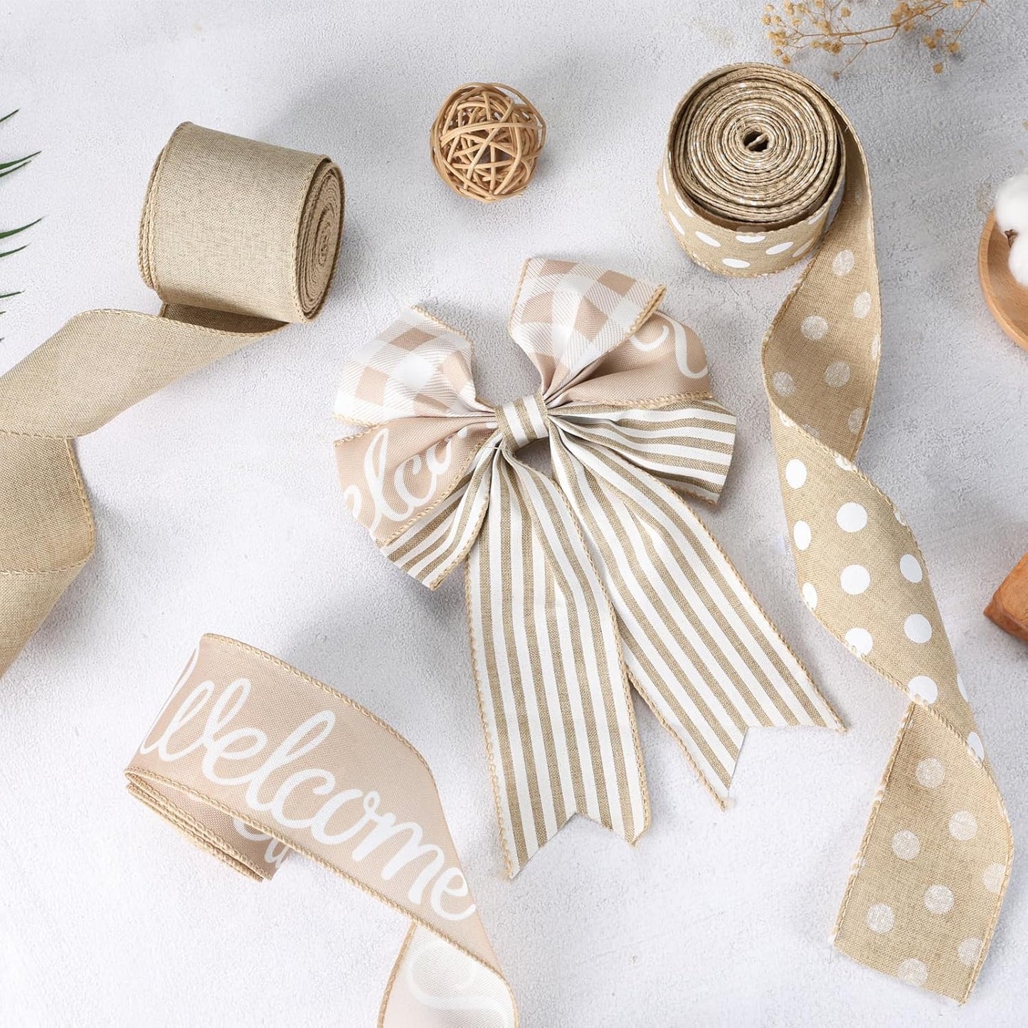 Burlap Ribbon Wired, Farmhouse Rustic White Dots Ribbon for Gifts Wrapping DIY Crafts Floral Bows Wreath Making Party Supplies Holiday Home Decoration, 2.5 Inch x 10 Yards