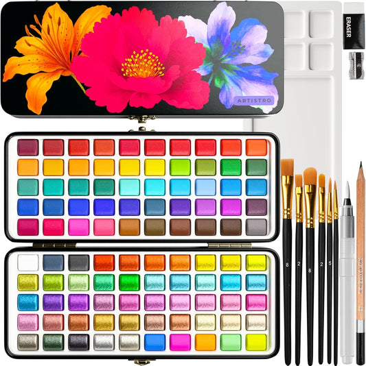 ARTISTRO 100 Watercolor Paint Set, Vivid Colors in Portable Box, Palette set. Perfect Travel Watercolor Set for Artists, Amateur Hobbyists and Painting